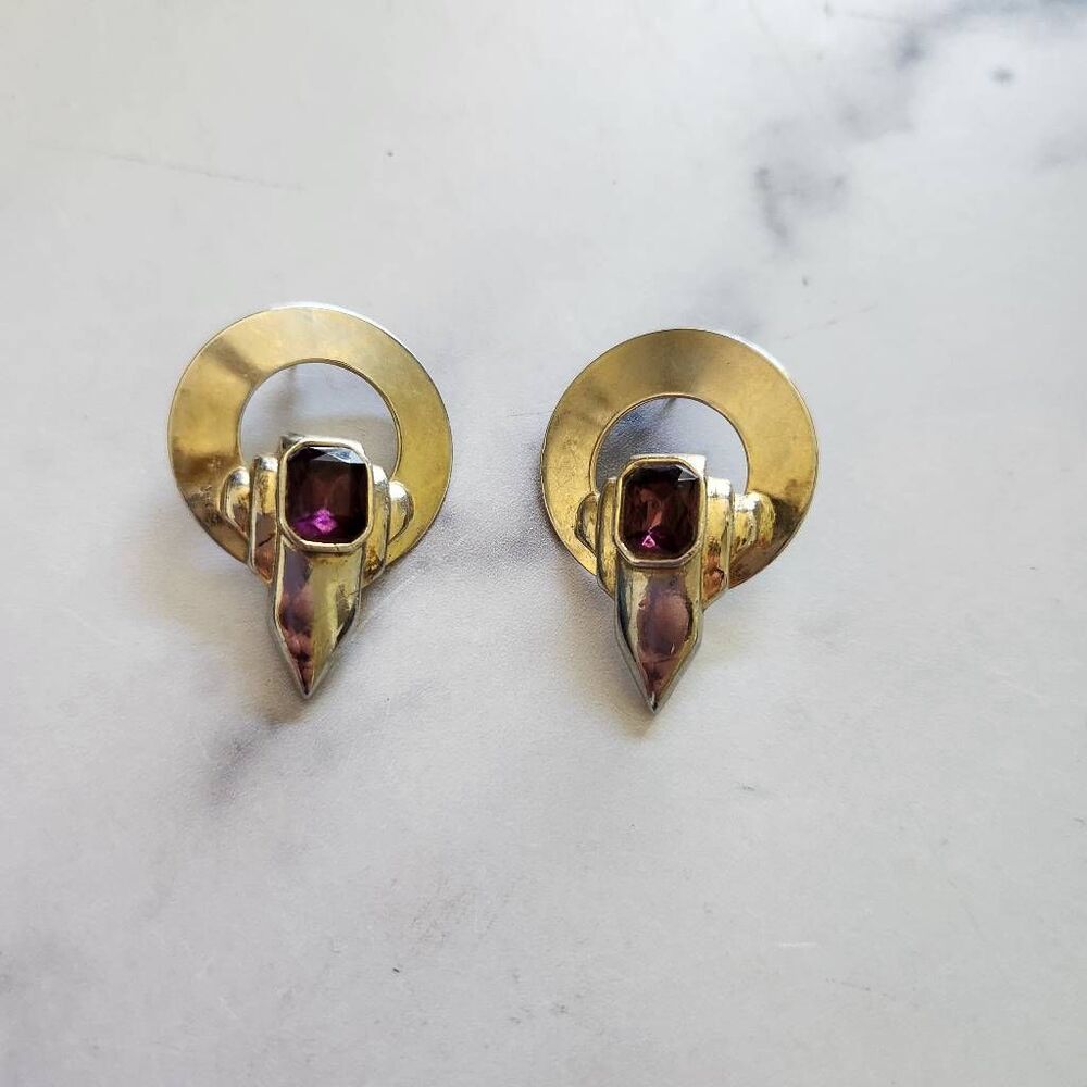 Vintage industrial earrings silver geometric fashion costume faux amethyst gemst